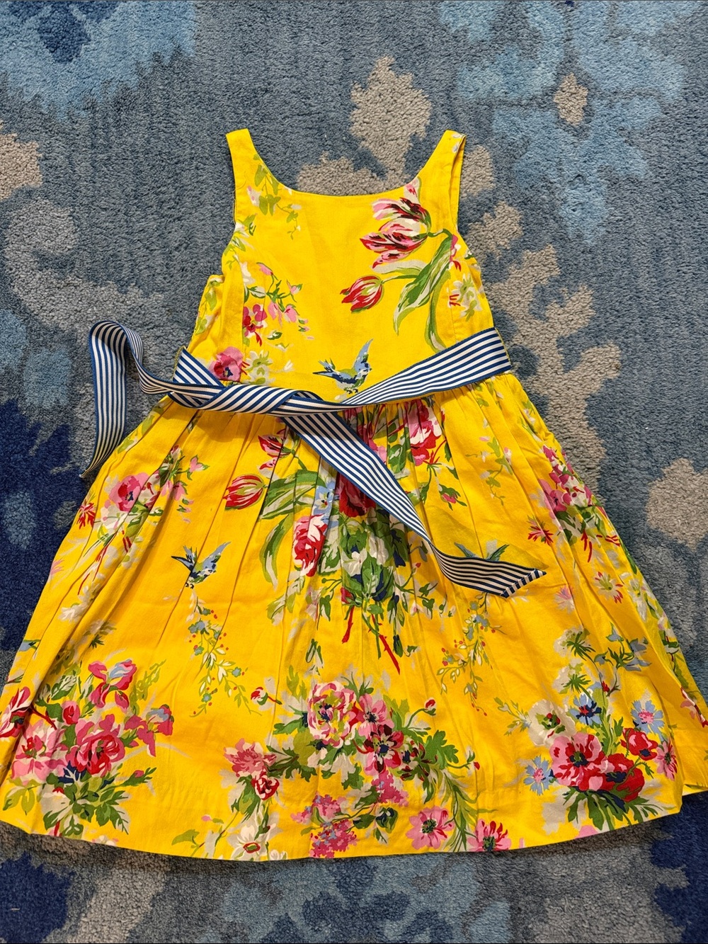 Polo by Ralph Lauren Yellow Floral Dress with Navy Striped Sash